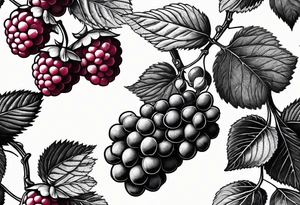a single raspberry branch with lots of leaves that is hanging upside down with small raspberries on it tattoo idea