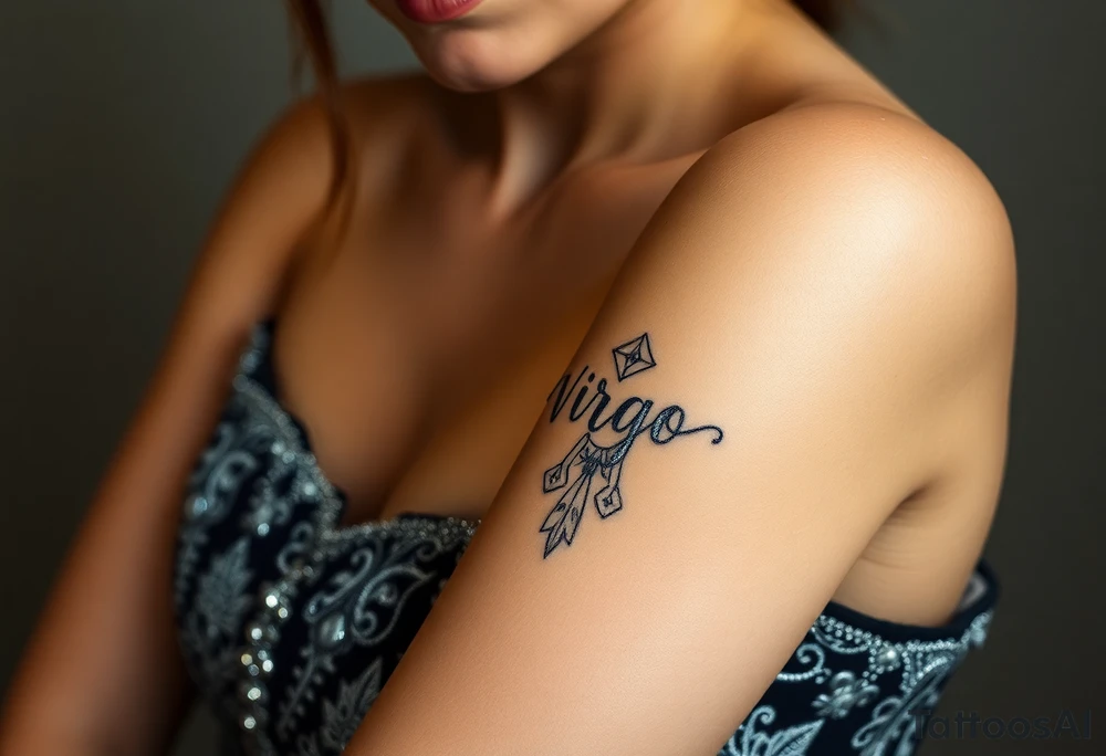A celestial woman with glowing silver tattoos on her skin with word virgo tattoo idea