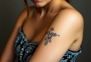 A celestial woman with glowing silver tattoos on her skin with word virgo tattoo idea