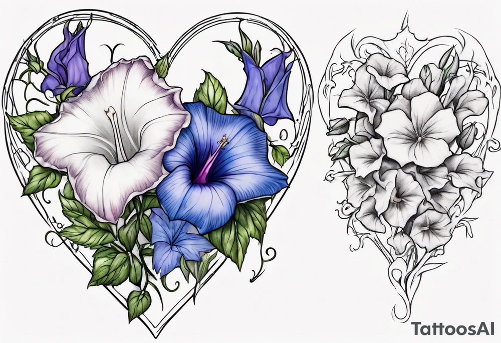 Morning glory and larkspur outlining a heart tattoo idea