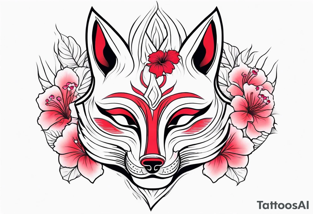 White japanese mask that looks like a kitsune with red accents and pink hibiscus flowers tattoo idea