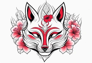 White japanese mask that looks like a kitsune with red accents and pink hibiscus flowers tattoo idea