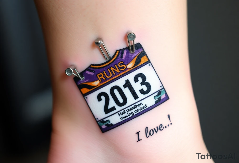 Safety pins through the skin attaching a half marathon racing bib with 2013 and purple and gold accents with “I don’t care, I love it” around the outside tattoo idea