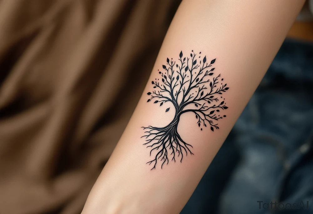 mystical tree of life with cosmic roots and celestial branches tattoo idea