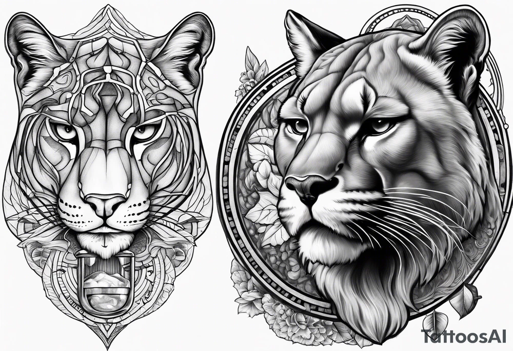 Brain in sagittal section and angry cougar inside hourglass tattoo idea Brain in sagittal section and angry cougar inside hourglass tattoo idea
