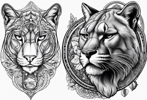 Brain in sagittal section and angry cougar inside hourglass tattoo idea