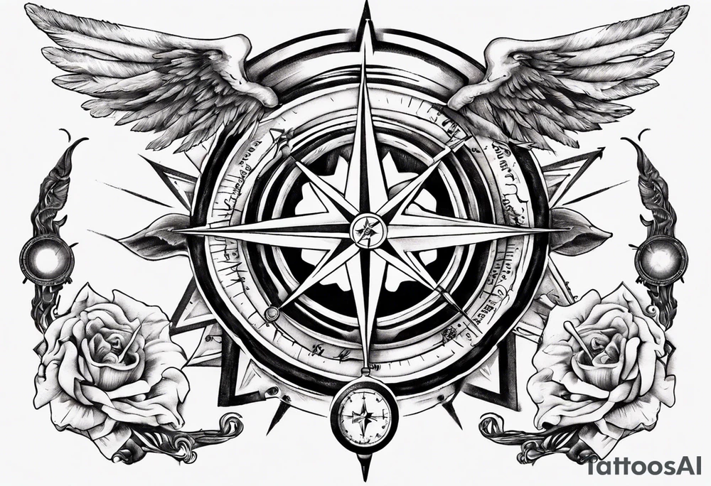 Chest tatoo with sun and letters and compass and angels tattoo idea