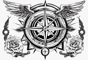 Chest tatoo with sun and letters and compass and angels tattoo idea