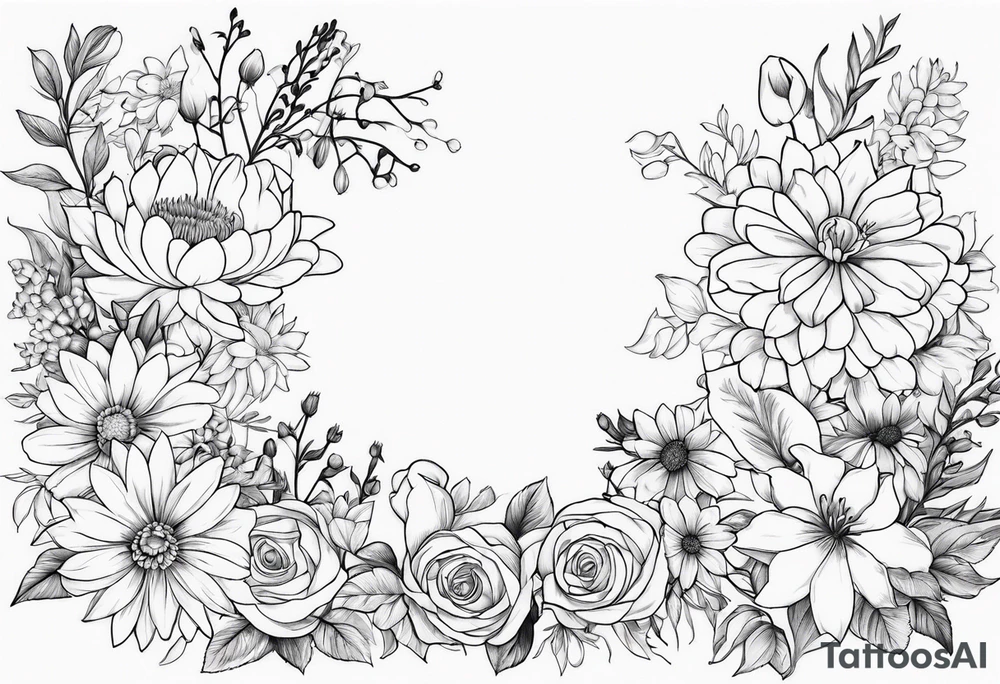 Asters, roses, lily of the valley, and chrysanthemums in a long line tattoo idea