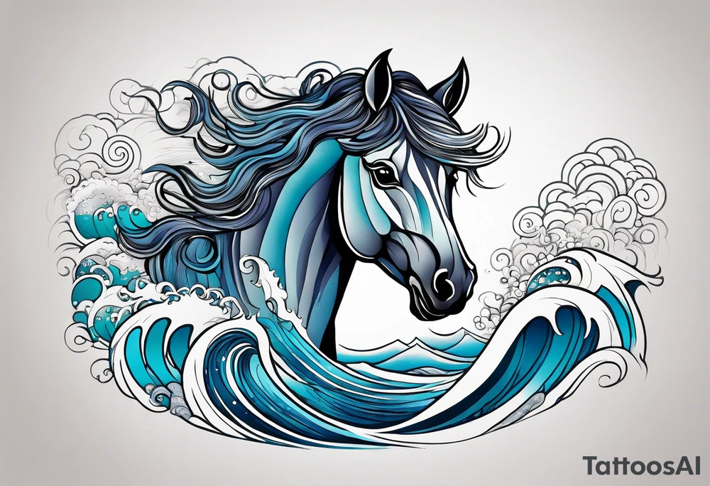 A horse's head rising from the waves of the sea. The mane becomes part of the sea. tattoo idea