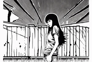 portrait of tomie standing up a character by the horror manga author junji ito full body standing menacingly. add more horror and gore elements tattoo idea