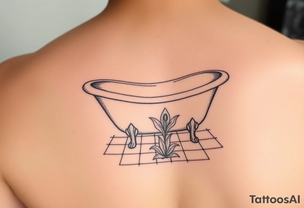 clawfoot bathtub with simple faucet and lily coming up out of the tile floor tattoo idea