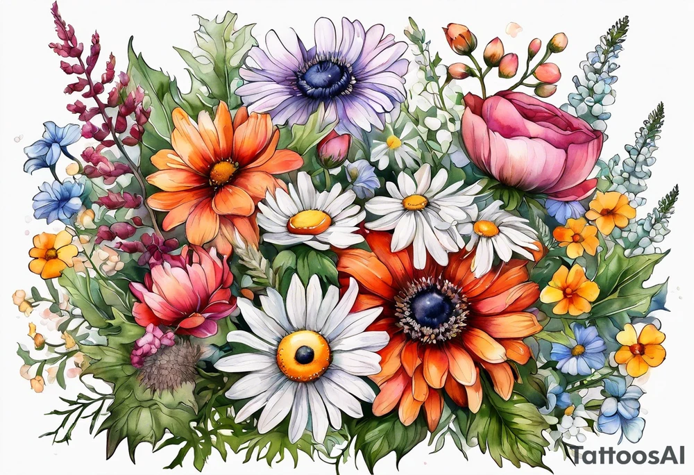 wildflowers cascading with thistles, ferns, white anemones, sun flowers, orange flowers, pink flowers, red flowers, babys breath and daisies all in watercolor tattoo idea
