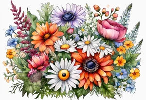 wildflowers cascading with thistles, ferns, white anemones, sun flowers, orange flowers, pink flowers, red flowers, babys breath and daisies all in watercolor tattoo idea