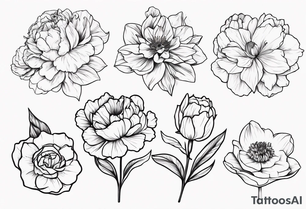 8 flowers bouquet carnation daffodil rose peony daphnee dahlia desiree daisy tattoo idea