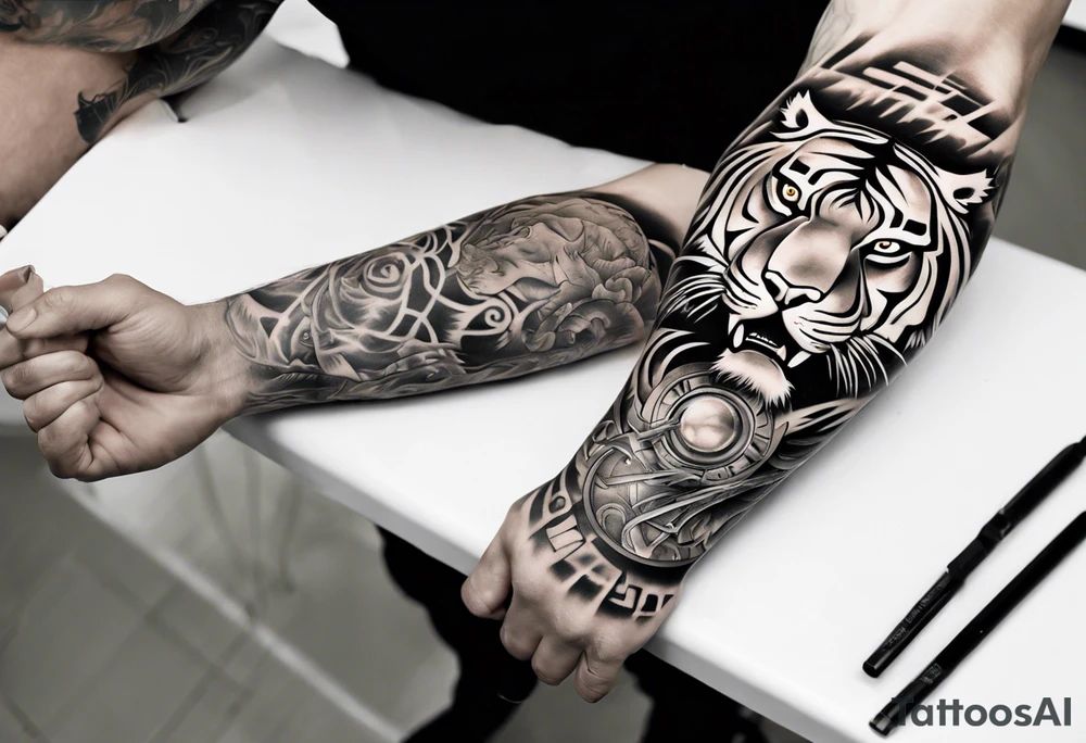 Tiger Warrior sleeve tattoo with lightning and the sun
Forearm sleeve tattoo idea Tiger Warrior sleeve tattoo with lightning and the sun
Forearm sleeve tattoo idea