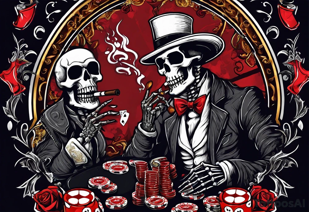 Phrase: "Don't deal with the devil"
skeleton smoking cigar with poker chips, dealing the cards tattoo idea