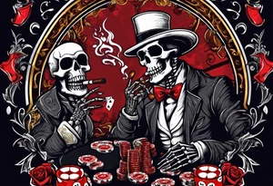 Phrase: "Don't deal with the devil"
skeleton smoking cigar with poker chips, dealing the cards tattoo idea