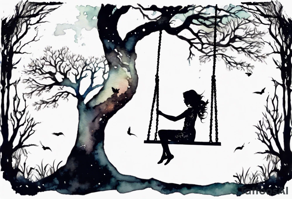 Woman on a swing off off a tree at night tattoo idea