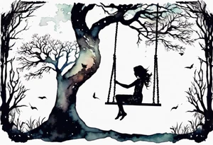 Woman on a swing off off a tree at night tattoo idea