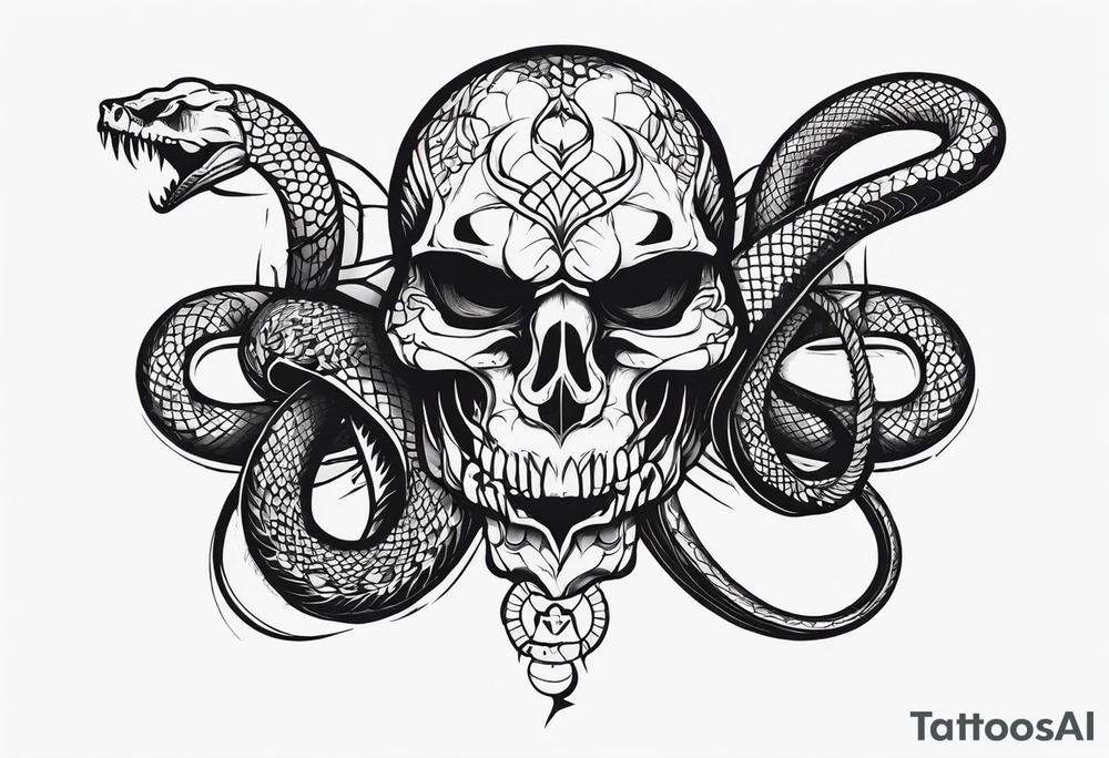 Aggresive Snake with skull, also the design must be vertical. Also, the desing must be minimalistic not saturated. Remember the vertical proportion of the design. tattoo idea