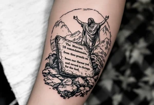 Moses holds the 10 commandments on a stone tablet on the mountains and receives them from god tattoo idea