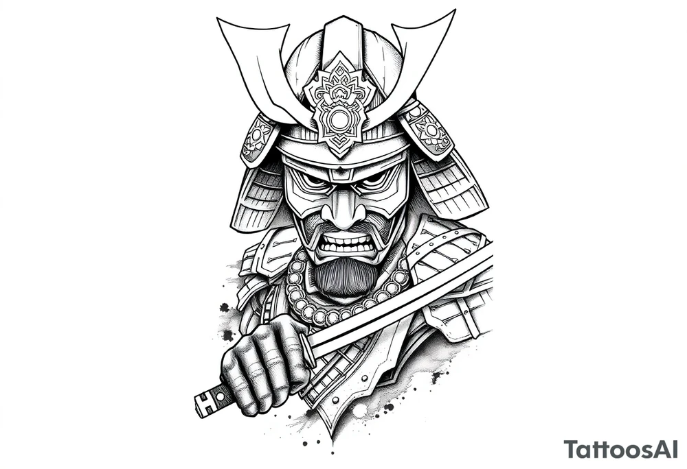 Japanese samurai warrior tattoo, highly detailed armor and helmet, traditional katana sword, intense warrior expression, ornamental patterns, bold linework, black and grey ink style, ink wash shading, centered layout, designed for forearm tattoo with future full sleeve expansion, minimal background ratio 2:3 vertical tattoo idea
