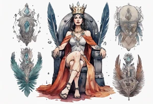 a Visigoth queen wearing a simple iron crown, wearing a feather cloak, sitting on a simple stone throne tattoo idea