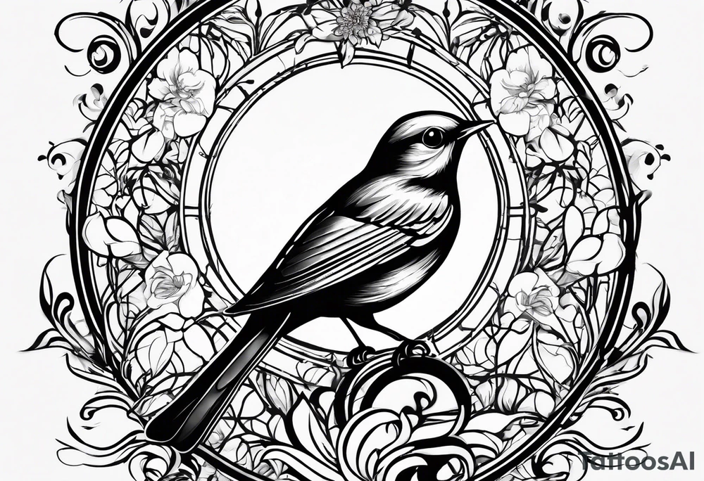 Design a small, elegant tattoo of a nightingale in a gentle pose, surrounded by soft musical notes or floral elements tattoo idea