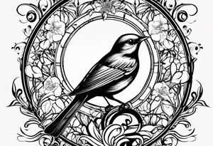 Design a small, elegant tattoo of a nightingale in a gentle pose, surrounded by soft musical notes or floral elements tattoo idea