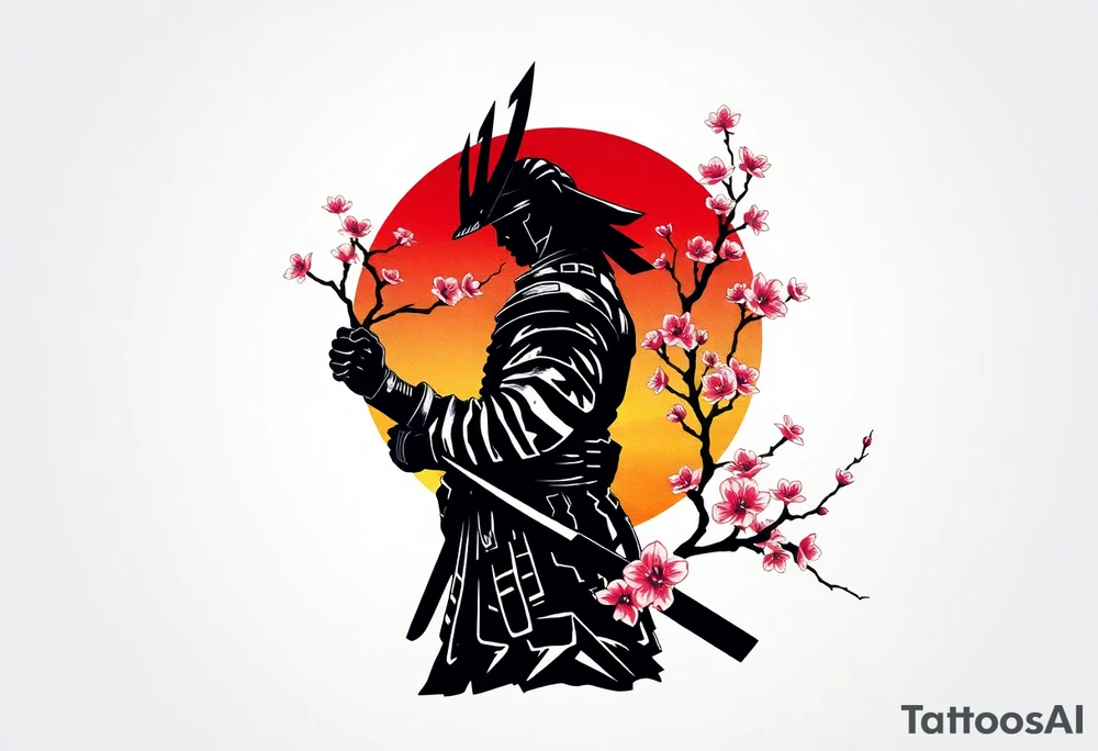 noble samurai warrior silhouette at sunset with cherry blossoms tattoo idea