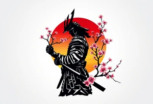 noble samurai warrior silhouette at sunset with cherry blossoms tattoo idea