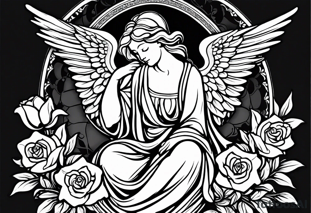 Simple Angel statue stood on a rock with daffodils and roses wrapped around its legs tattoo idea