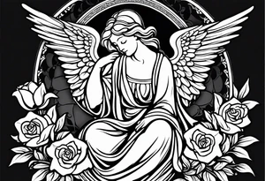 Simple Angel statue stood on a rock with daffodils and roses wrapped around its legs tattoo idea