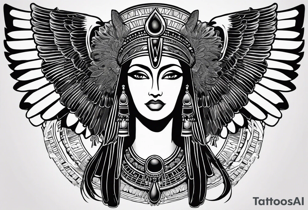 blank and white Egyptian goddess Isis, who is often depicted as a woman with outstretched wings, holding an ankh (a symbol of life) in one hand and a lotus flower in the other. Her headdress often includes a throne or a solar disk. The tattoo design can vary in style and size, but it typically aims to capture the essence of this revered Egyptian deity, emphasizing her beauty, power, and maternal qualities. The choice of colors and additional elements can also be customized to create a unique and visually striking representation of the goddess Isis tattoo idea
