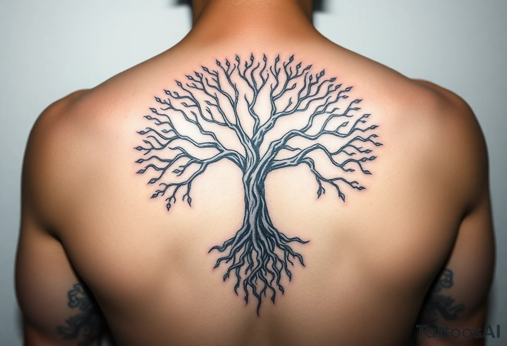 mystical tree of life with cosmic roots and celestial branches tattoo idea