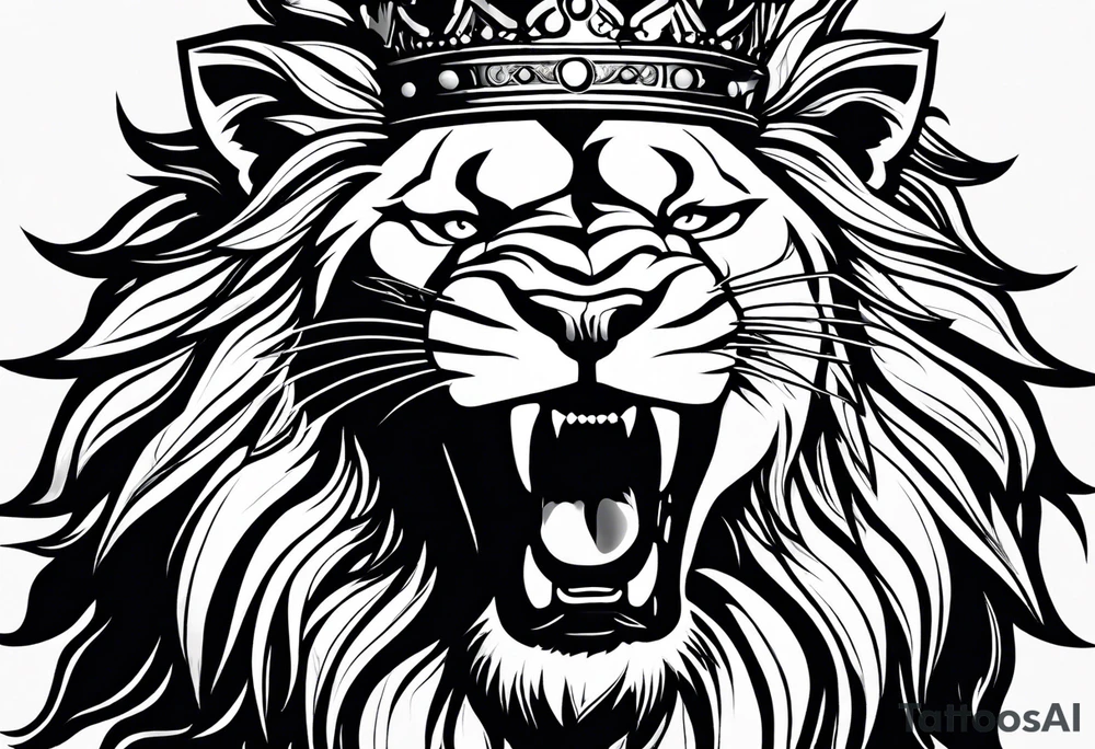 lion with a crown and sparkling eyes and mouth open teeth showing and blood coming out tattoo idea