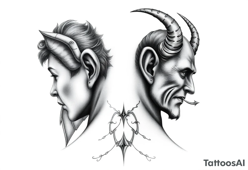 position behind the neck Angel (on the right) whispering in the right ear, demon (on the left) whispering in the left ear. It must be as realistic as possible. tattoo idea