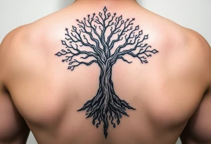 mystical tree of life with cosmic roots and celestial branches tattoo idea