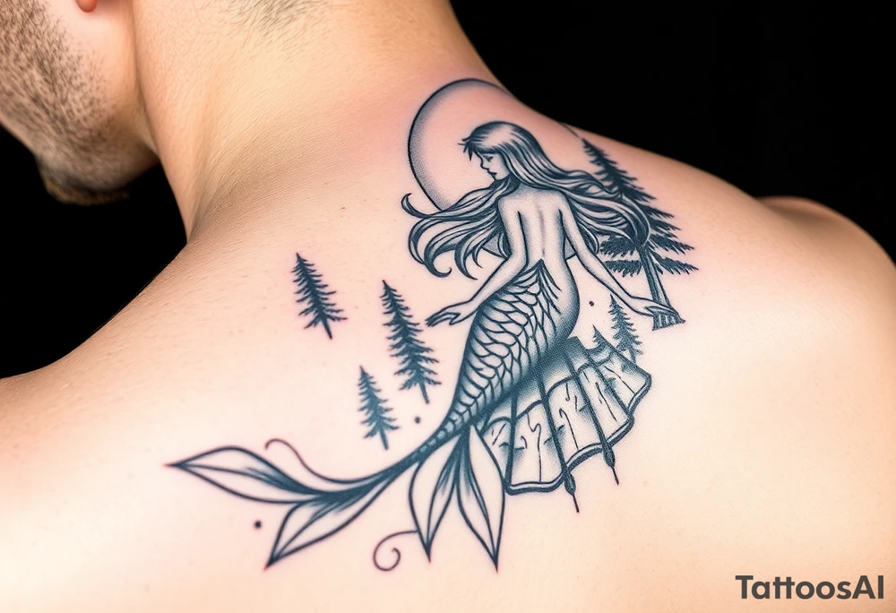 color tattoo on shoulder mermaid and forest around with starry sky tattoo idea