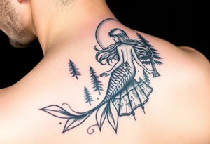 color tattoo on shoulder mermaid and forest around with starry sky tattoo idea