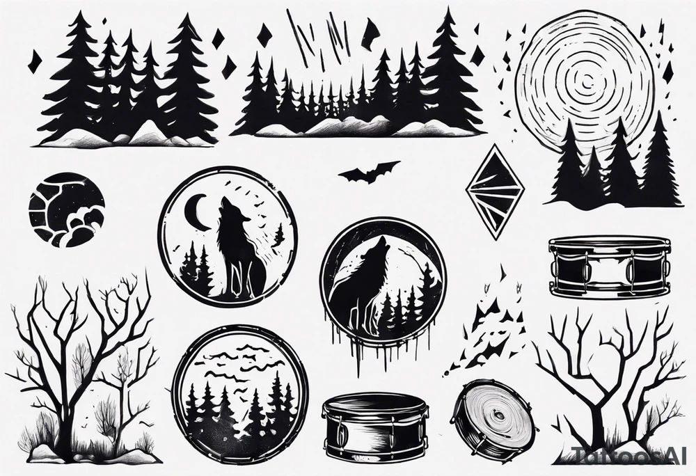 thunderstorm over a forest with a wolf howling on drums tattoo idea thunderstorm over a forest with a wolf howling on drums tattoo idea