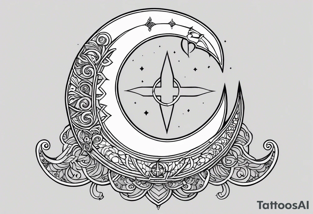 Trishul Overlay on Crescent Moon: A crescent moon with a small trident overlaid or intersecting through it. This design would have the trident positioned vertically through the moon or slightly off-center tattoo idea