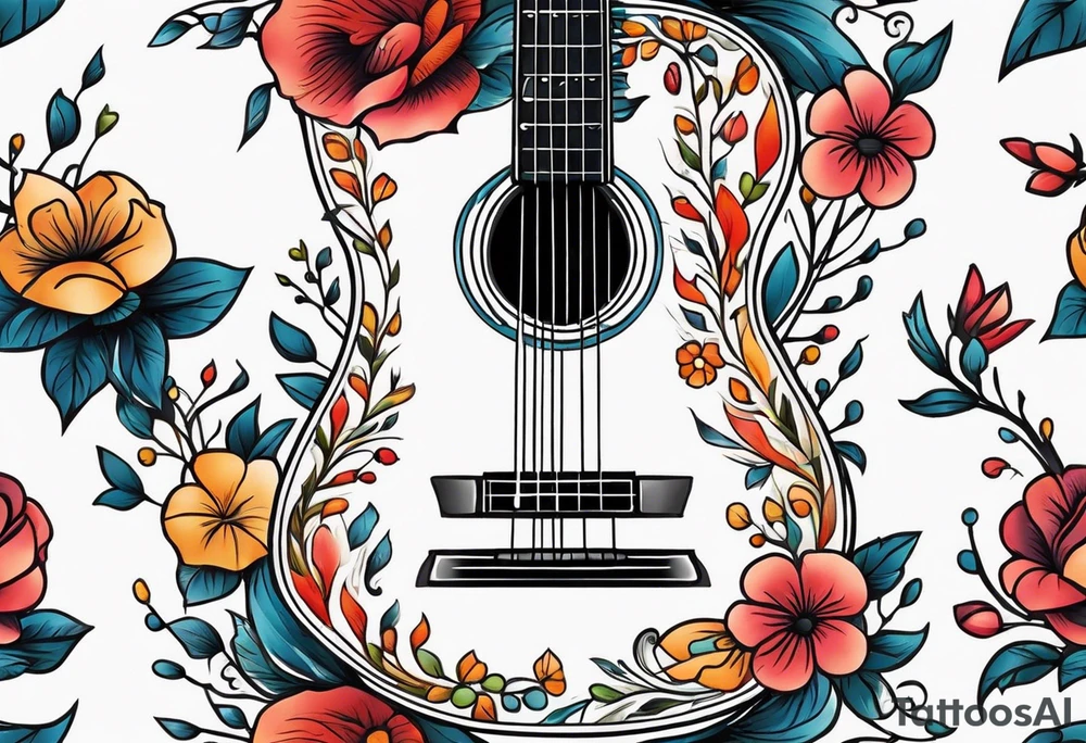 guitar with flowers simple design traditional vintage tattoo idea