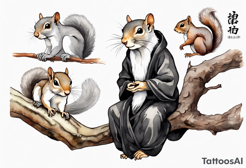 an elderly grey squirrel with a long beard wearing a black robe, meditating on a tree branch tattoo idea