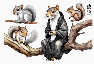an elderly grey squirrel with a long beard wearing a black robe, meditating on a tree branch tattoo idea
