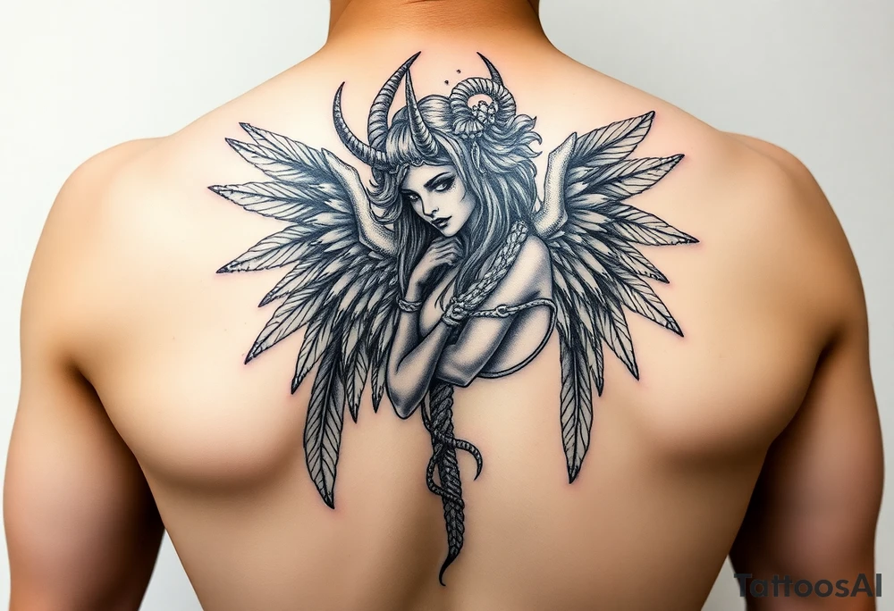 Woman Harpy with horns and lots of feathers tattoo idea