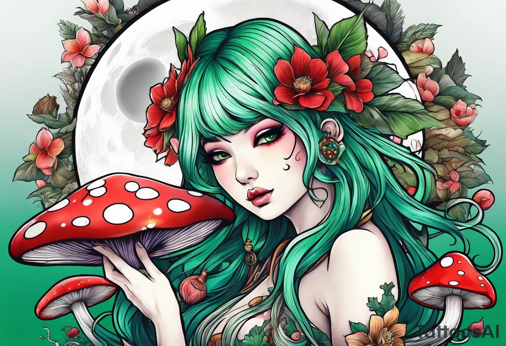 fairy with green hair, eating a mushroom under the moon, tripping balls tattoo idea