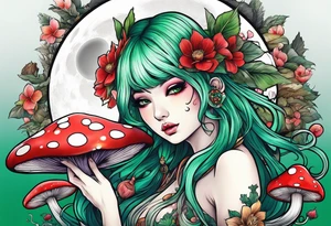 fairy with green hair, eating a mushroom under the moon, tripping balls tattoo idea