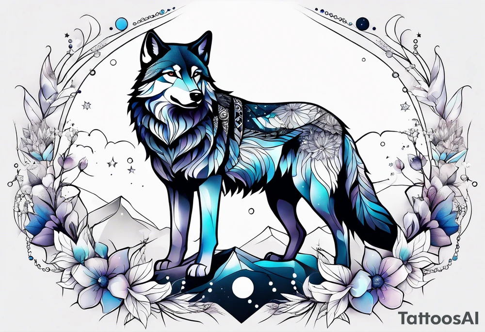 Constellation, animal wolf snow , géométric , flower tattoo idea